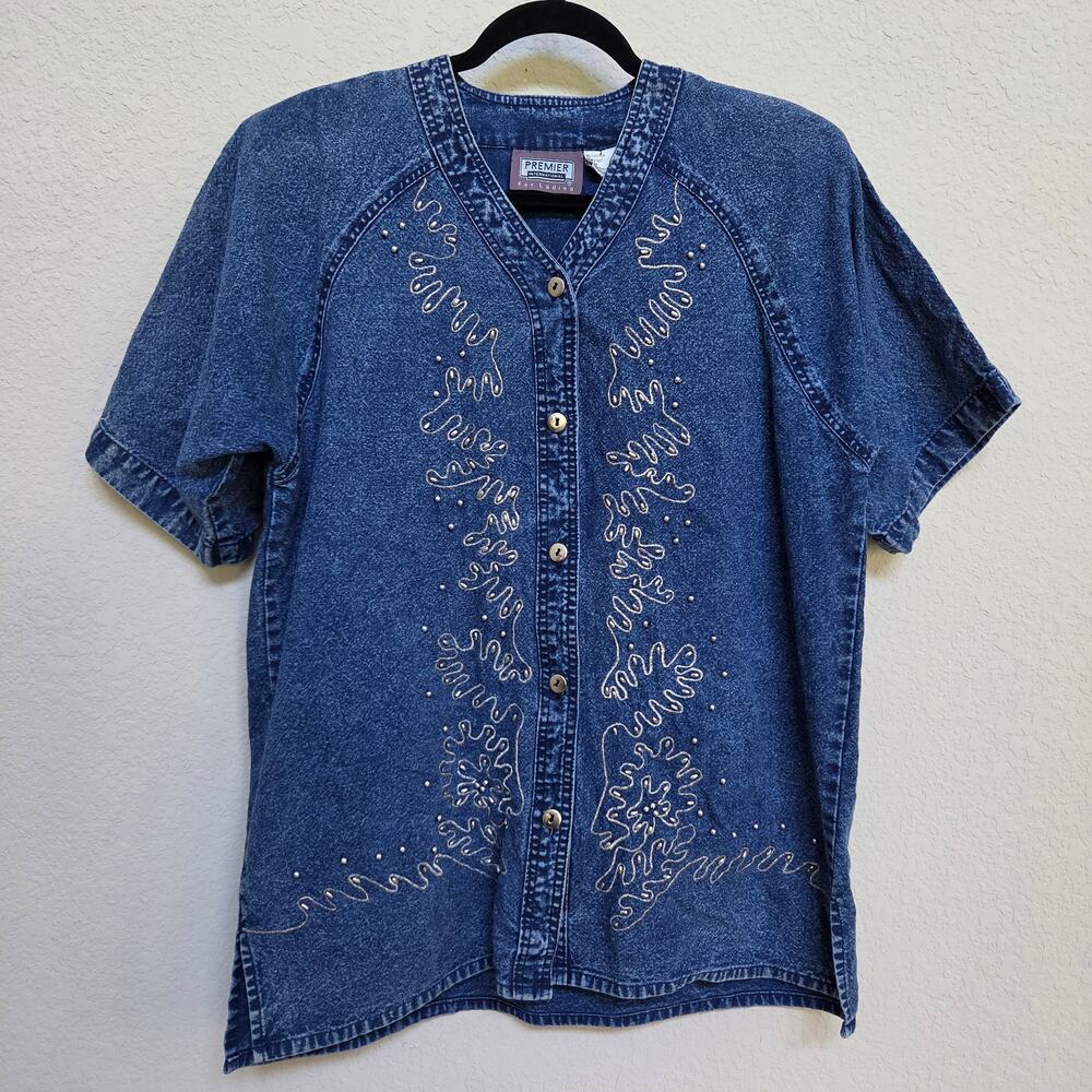 Vtg Denim Beaded Shirt Women M Premier International  Embroidered Short Sleeves